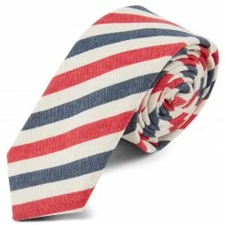 Best Sale 🛒 Tailor Toki White, Red & Navy Blue Striped Cotton & Flax Tie 🥰