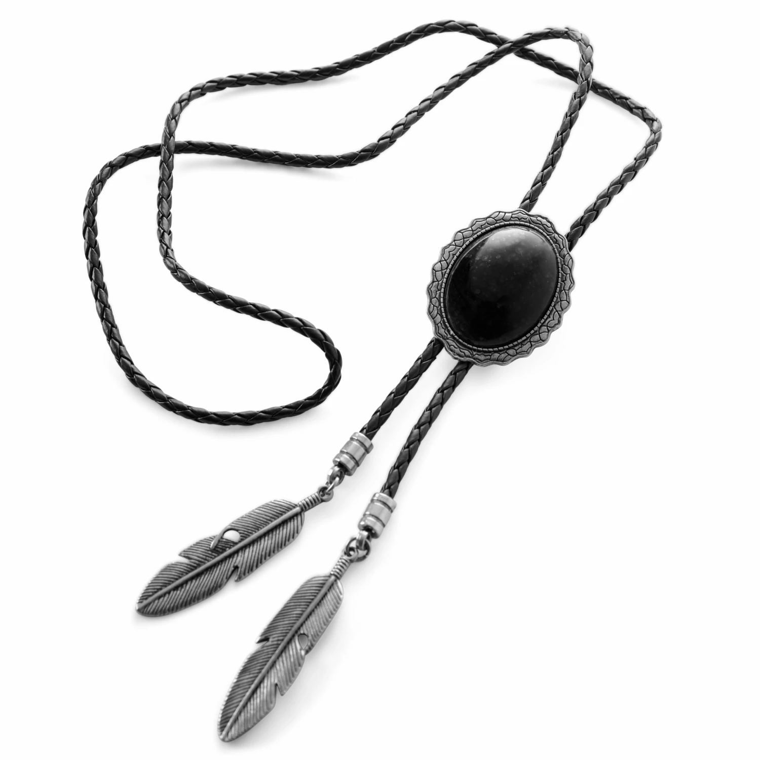 Hot Sale ๐ Fort Tempus Black Stone & Metal Feathers Adjustable Braided Leather Bolo Tie ๐ - Image 2