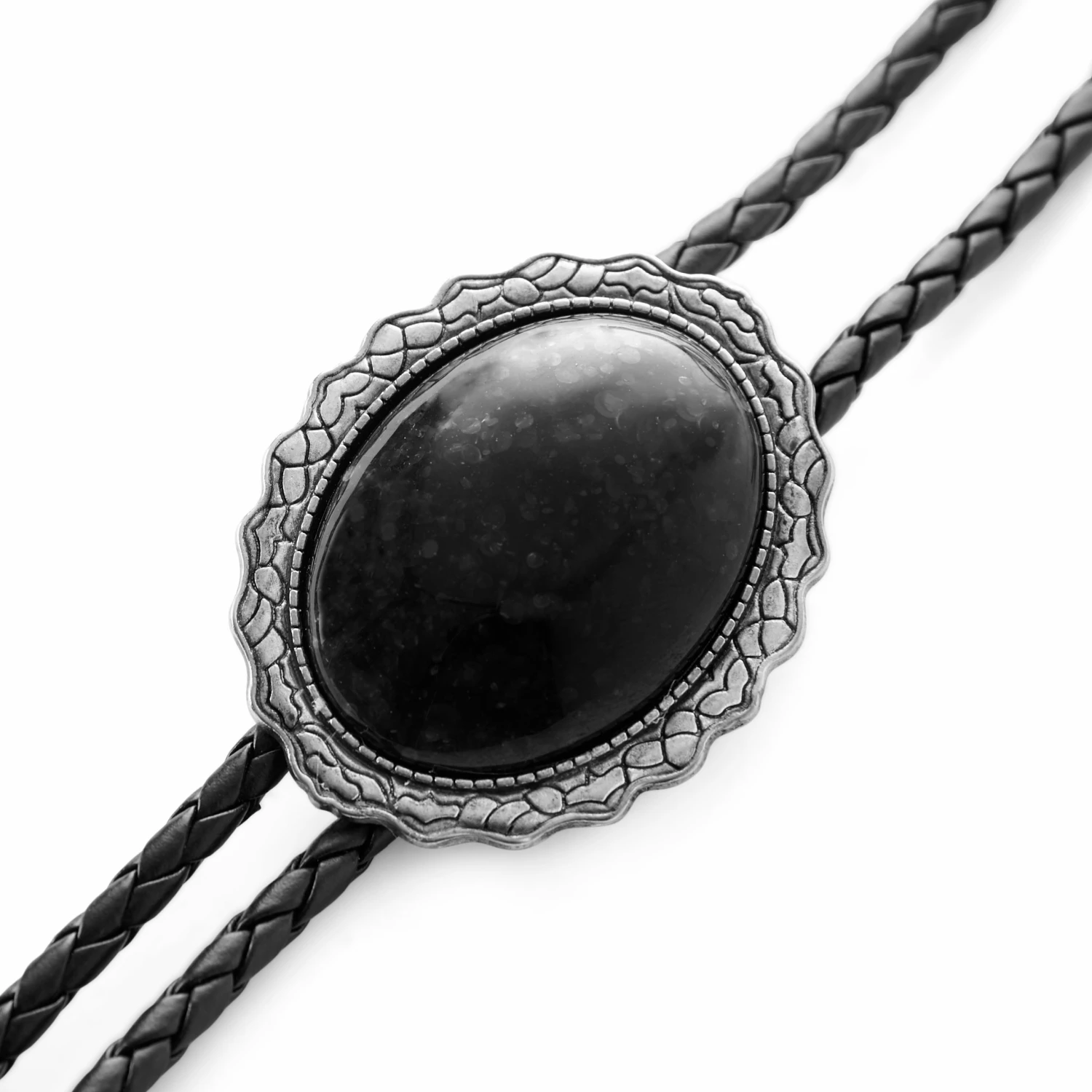 Hot Sale ๐ Fort Tempus Black Stone & Metal Feathers Adjustable Braided Leather Bolo Tie ๐ - Image 3