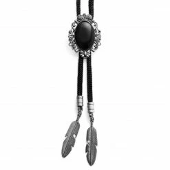 Flash Sale 😍 Fort Tempus Black Stone & Metal Feathers Adjustable Bolo Tie 🧨