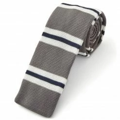Promo 👏 Tailor Toki Grey, Navy Blue & White Striped Polyester Knitted Tie ✨