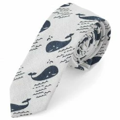 Budget 🎉 Tailor Toki White & Light Blue Whale Pattern Linen Tie 🤩
