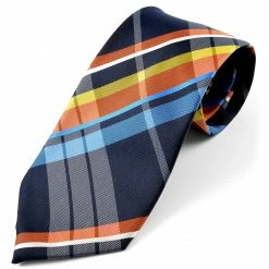 Outlet 🛒 Tailor Toki Navy Blue, Orange & Yellow Plaid Silk Tie ❤️
