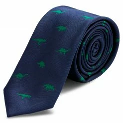 New 🧨 Trendhim Navy Blue & Green Dinosaur Pattern Polyester Skinny Tie ⌛
