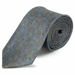 Hot Sale ⌛ Bohemian Revolt Boho | Grey, Yellow & Blue Paisley Pattern Silk Tie 🔥