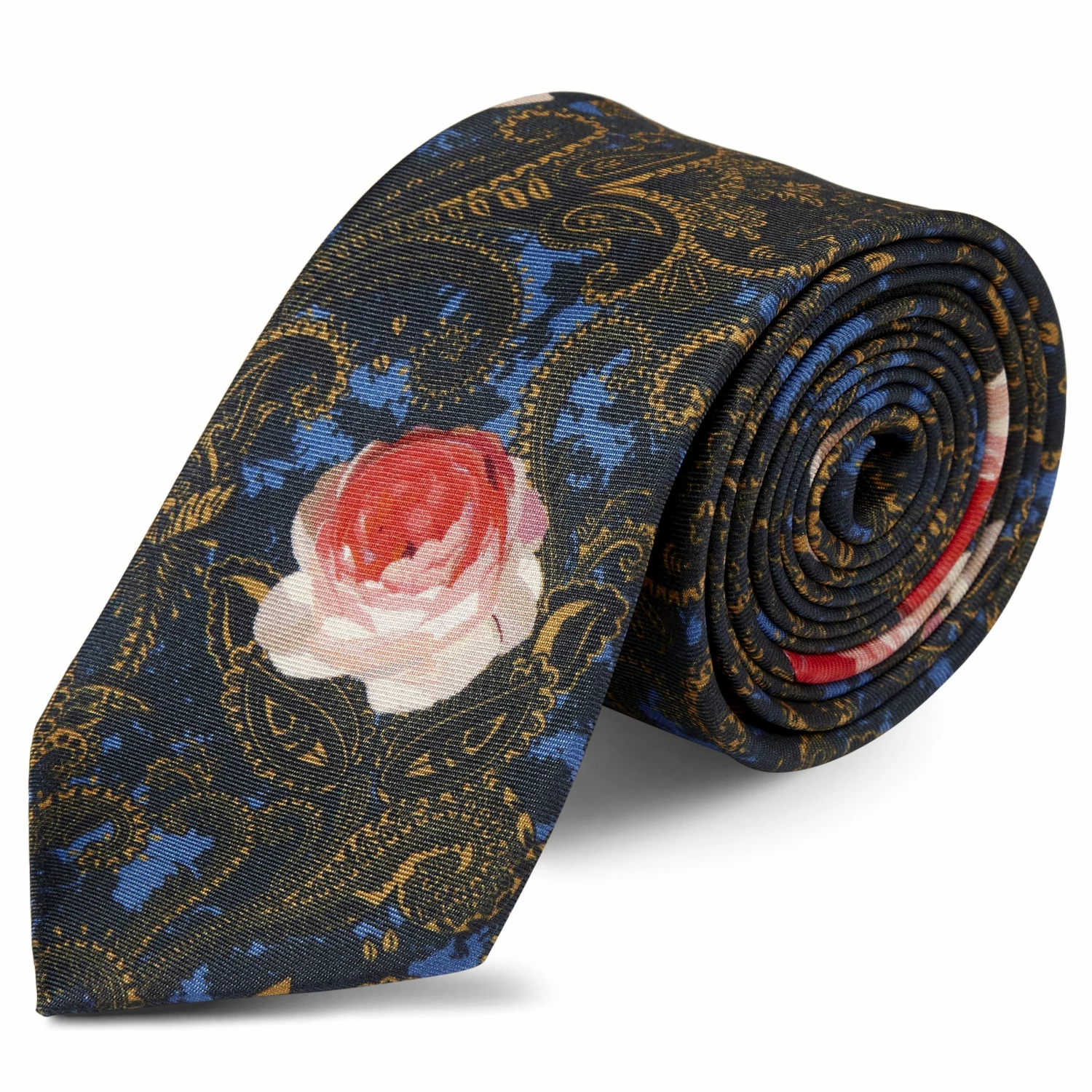 Best Sale โ Bohemian Revolt Boho | Dark Blue & Tan Paisley with Pink Roses Silk Tie ๐