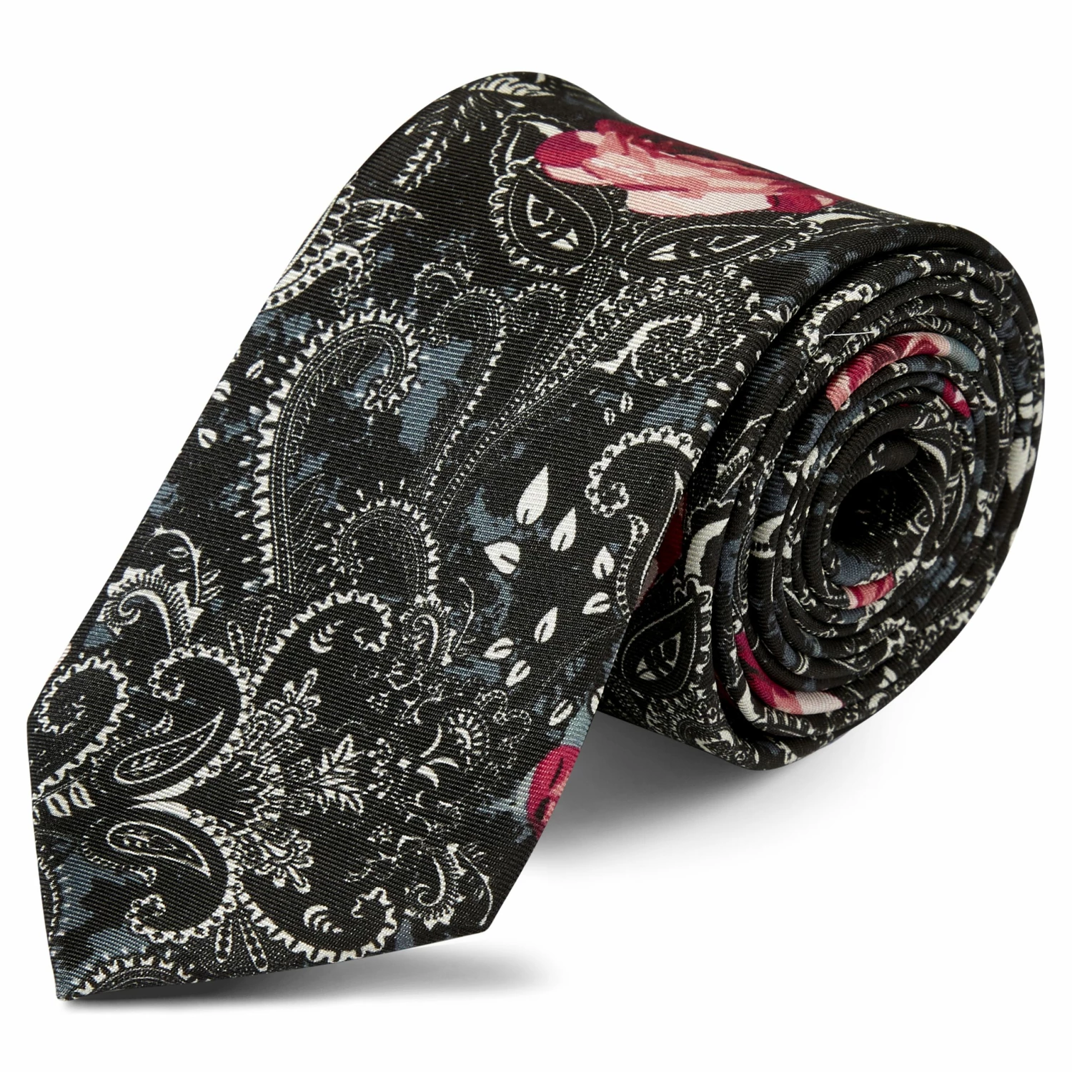Deals π Bohemian Revolt Boho | Black & White Paisley with Pink Roses Silk Tie π