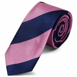Discount 🎉 Trendhim Pink & Navy Blue Bold Diagonal Striped Silk Tie 💯