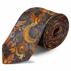 Promo 🎉 Bohemian Revolt Boho | Dark Brown & Orange Bird Pattern Silk Tie 😍