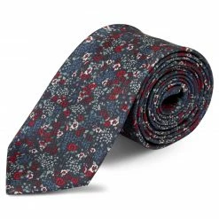 Outlet 🎁 Bohemian Revolt Boho | Deep Blue, Red & White Floral Pattern Silk Tie ⌛