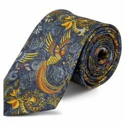 Promo 🎁 Bohemian Revolt Boho | Dark Blue & Orange Bird Pattern Silk Tie ⭐