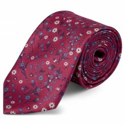 New 👏 Bohemian Revolt Boho | Cherry Red & Light Blue Floral Pattern Silk Tie 🧨