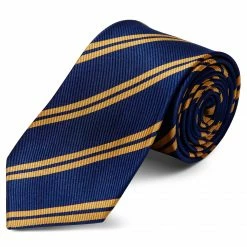 Outlet ⌛ Trendhim Wide Navy Blue & Gold Twin Striped Silk Tie 🔔