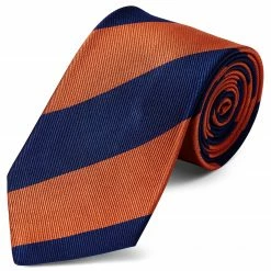 Outlet 🔥 Trendhim Wide Navy Blue & Orange Bold Diagonal Striped Silk Tie 👍