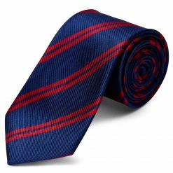 New 🎉 Trendhim Wide Navy Blue & Red Twin Striped Silk Tie ✔️